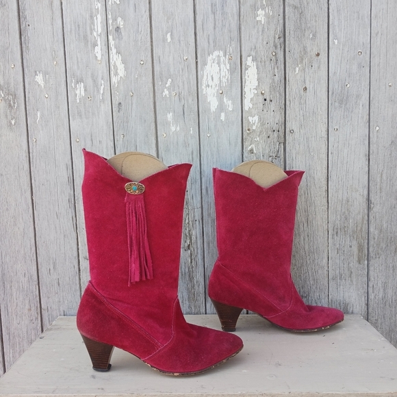 Vtg 70s Red Suede Western Cowgirl Boots Women's Size 8M High Heel Fringe Boho - Picture 4 of 8